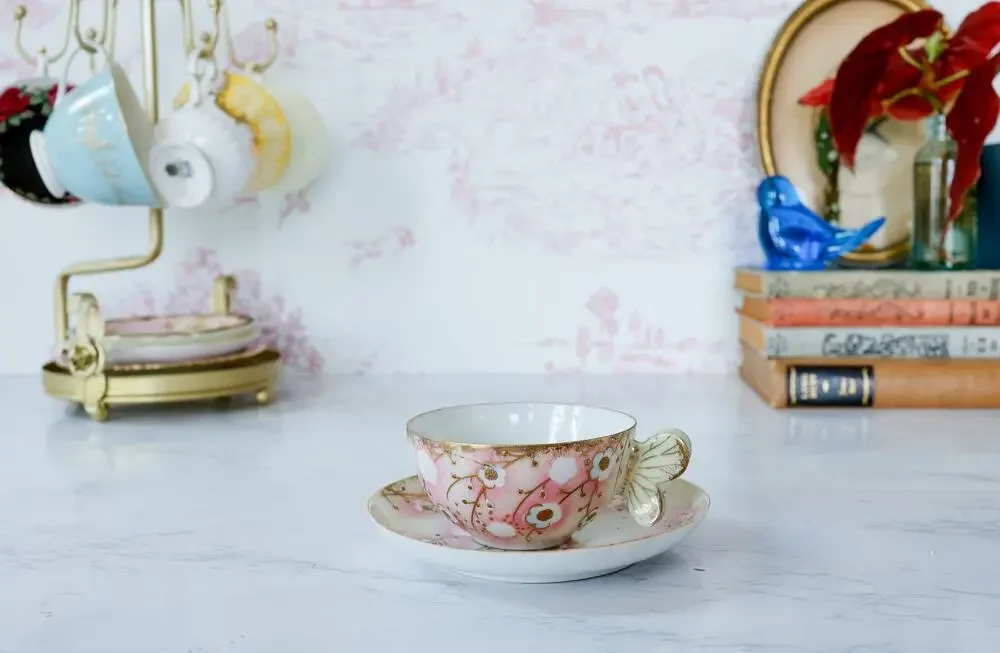 VTG Sakura Floral Butterfly Handle Teacup Set Grandmillennial Chinoiserie Retro